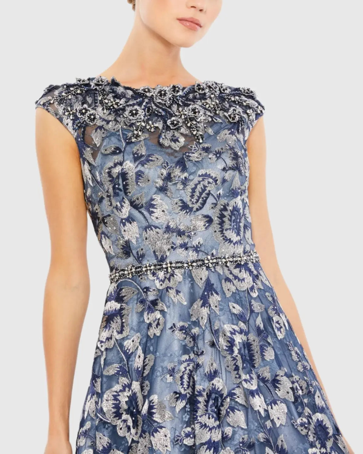 Blue Embellished Cap Sleeve High Neck Ball Gown
