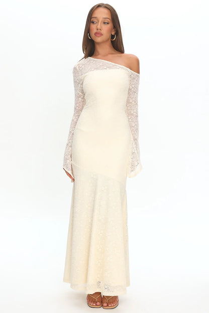 Lylah Asymmetric Neckline Long Sleeve Maxi Dress Lace Butter