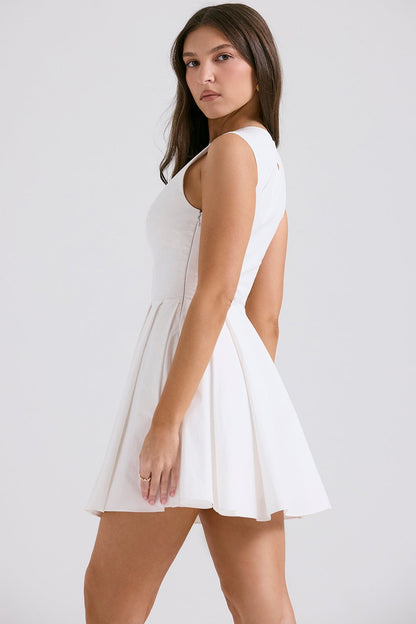 white pleated cotton mini dress