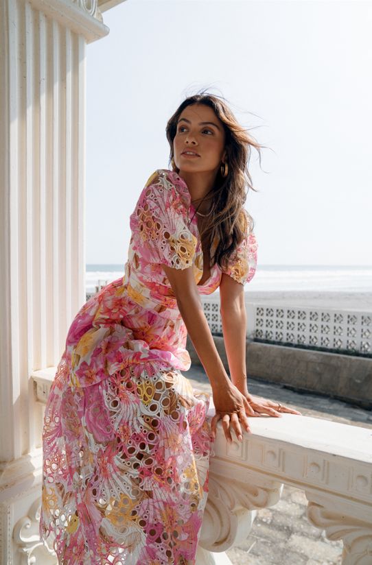 Blossom Pink Print Maxi Dress with Puffed Sleeves