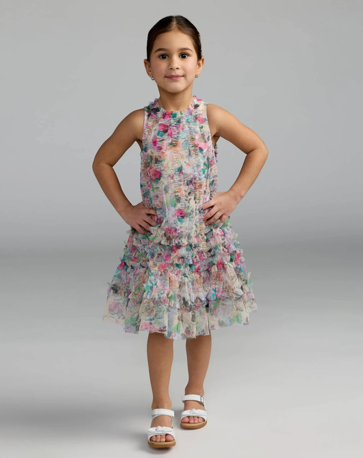 Girls Multicolor Floral Printed Ruffle Mini Dress