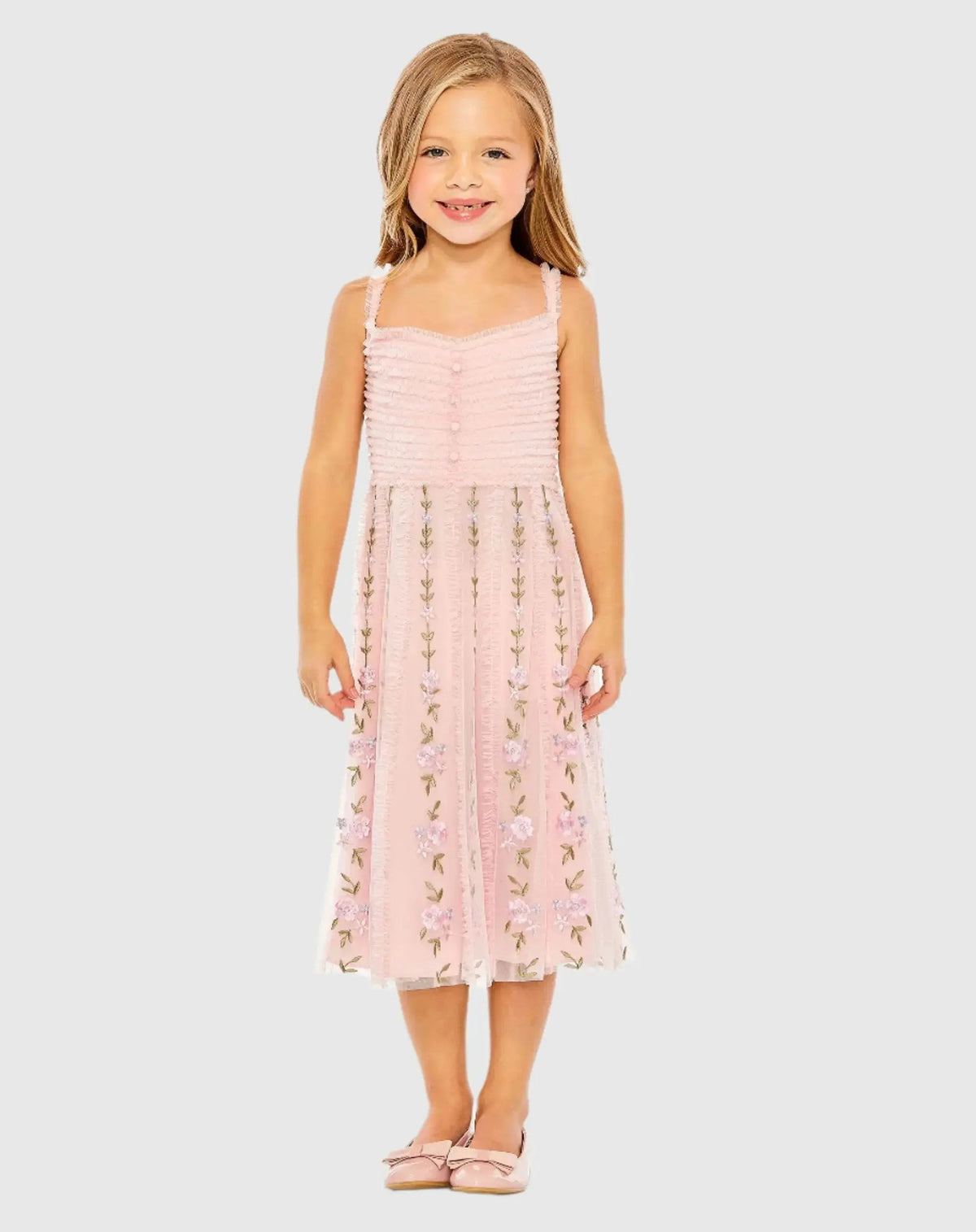 Girls Pink Ruffle Floral Embroidered Detail Midi Dress