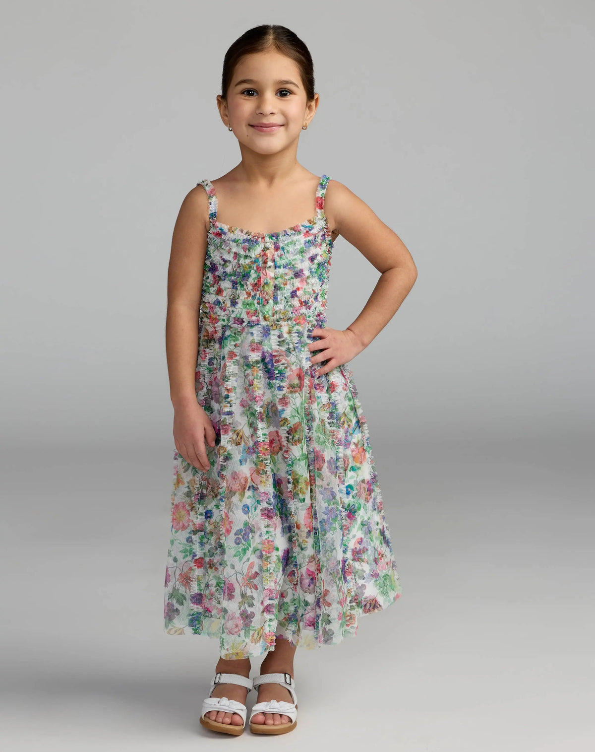 Girls Multicolor Floral Print Ruffle Mini Dress