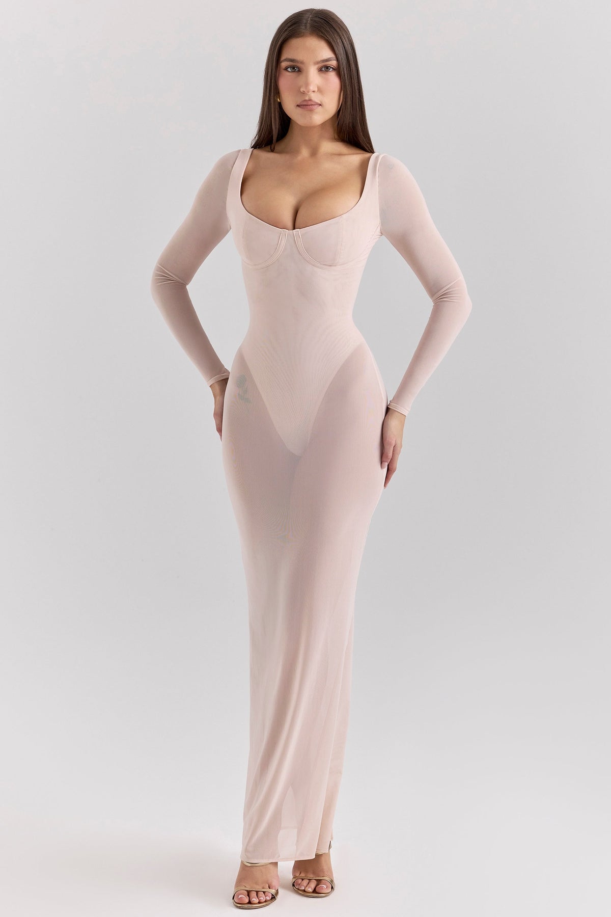 blush mesh maxi dress with bodysuit
