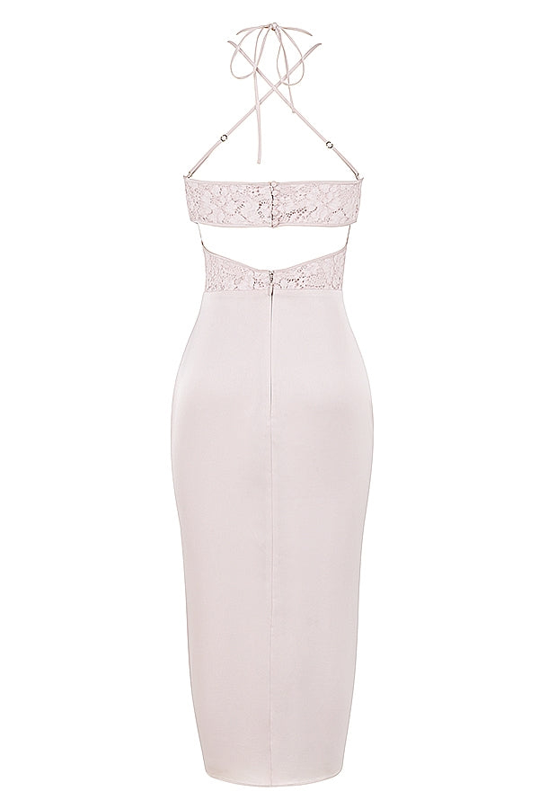 crystal satin and lace midi dress