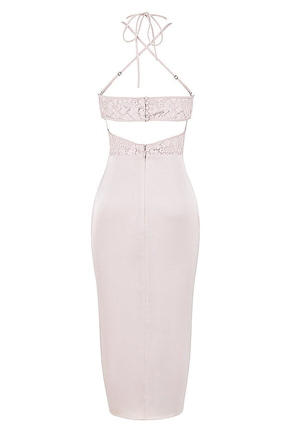 crystal satin and lace midi dress
