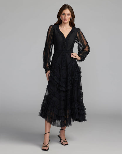 Black Long Sleeve V-Neck Micro Ruffle Midi Dress