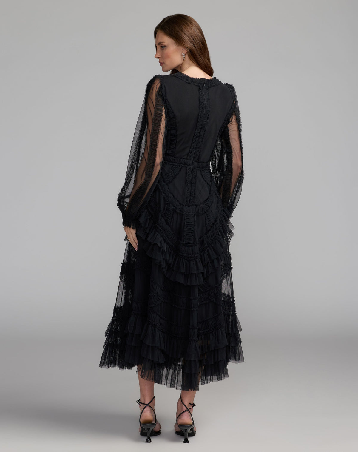Black Long Sleeve V-Neck Micro Ruffle Midi Dress
