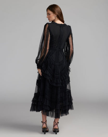 Black Long Sleeve V-Neck Micro Ruffle Midi Dress