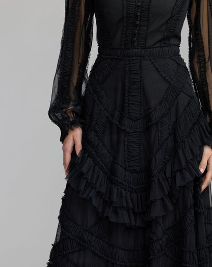 Black Long Sleeve V-Neck Micro Ruffle Midi Dress