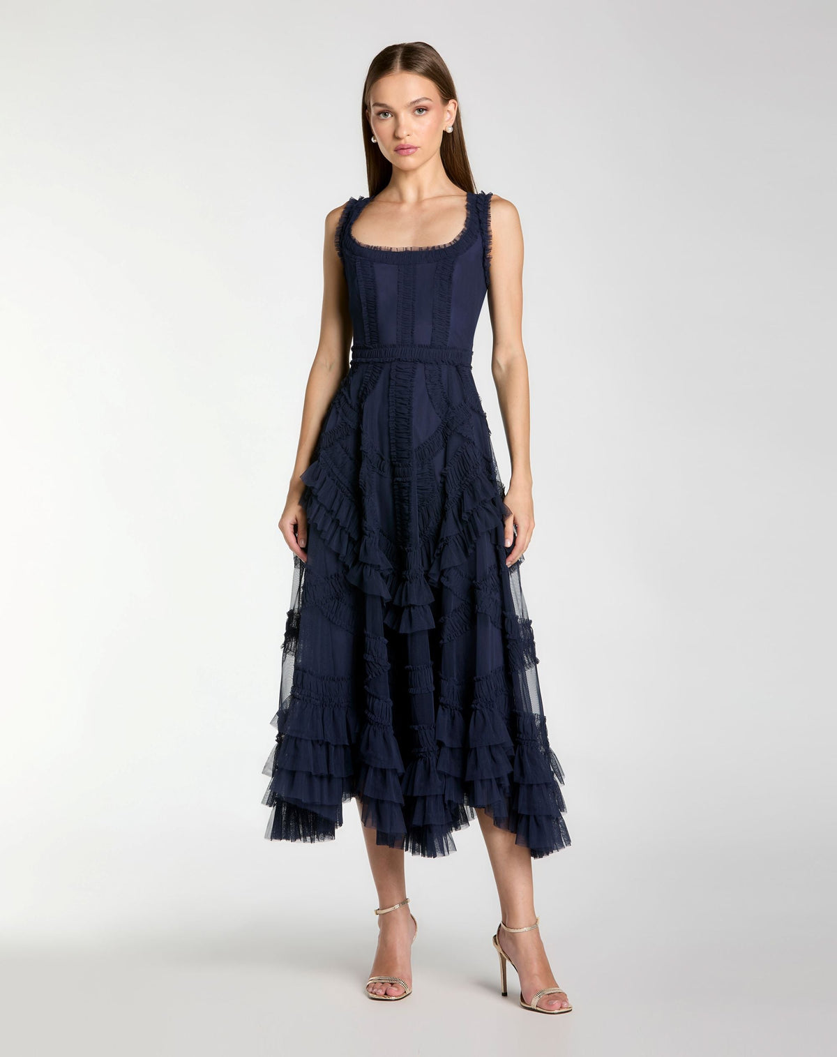 Navy Scoop Neck Sleeveless Micro Ruffle Midi Dress