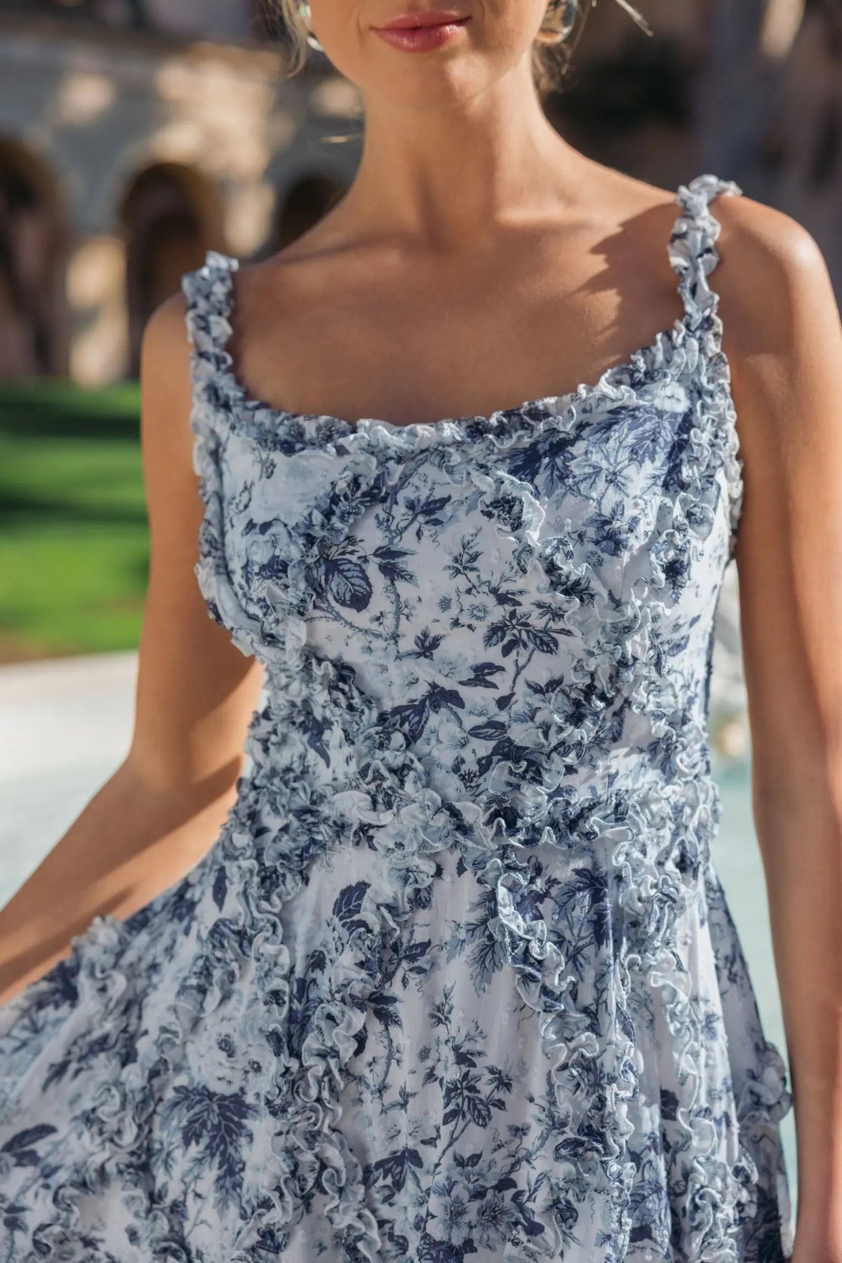 Blue and White Ruffle Scoop Neck Floral A-Line Dress