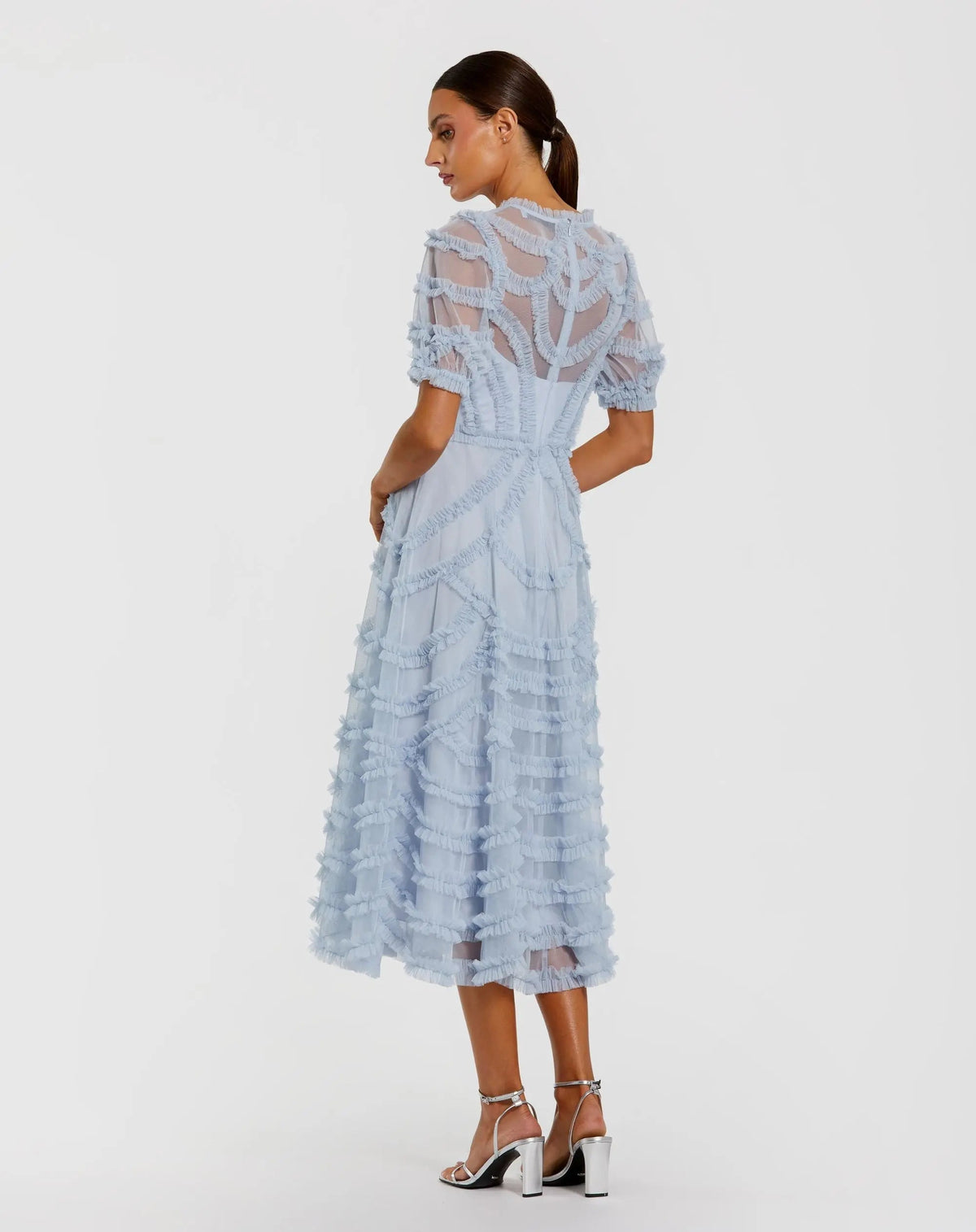 Blue High Neck Short Sleeve Ruffled Midi Dress
