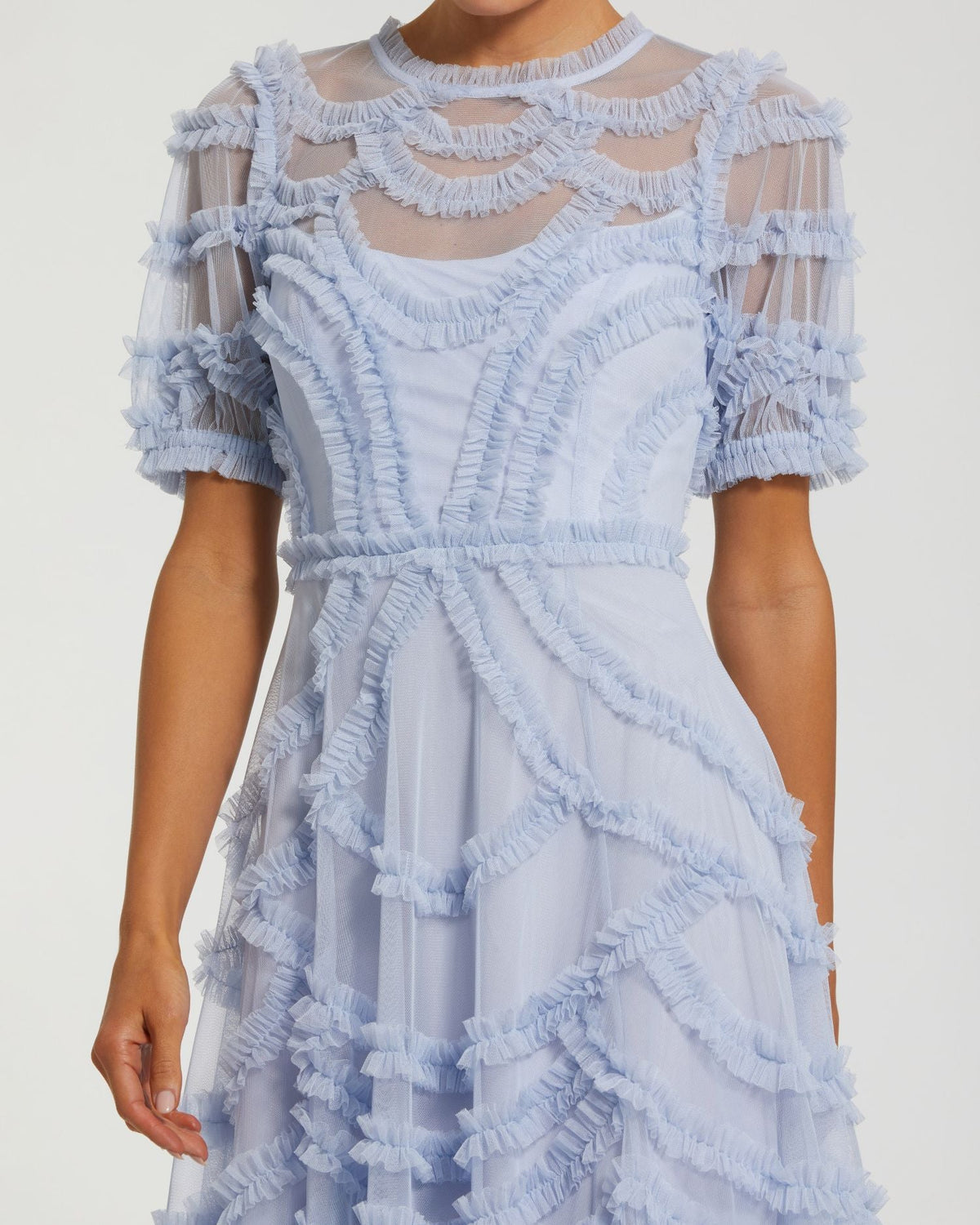 Blue High Neck Short Sleeve Ruffled Midi Dress