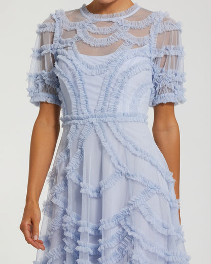 Blue High Neck Short Sleeve Ruffled Midi Dress