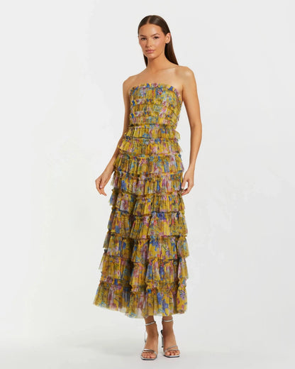 Floral Strapless Ruffle Midi Dress