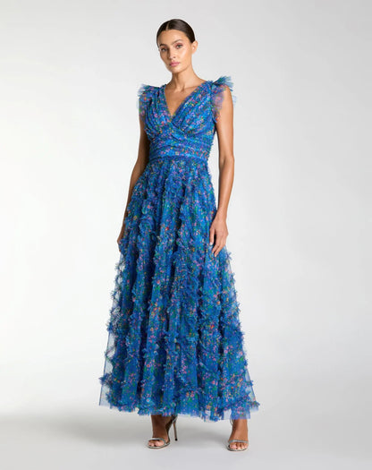 Blue Floral V-Neck Ruffle Maxi Dress