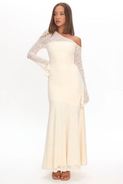 Lylah Asymmetric Neckline Long Sleeve Maxi Dress Lace Butter