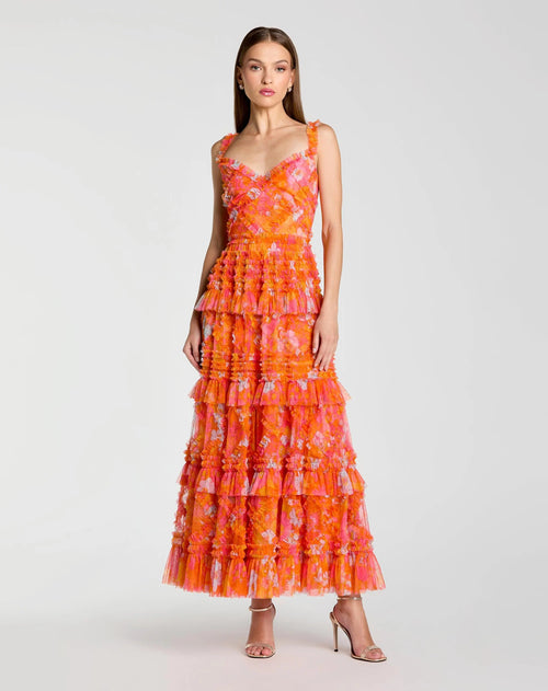 Orange Sleeveless Floral Ruffle A-Line Maxi Dress