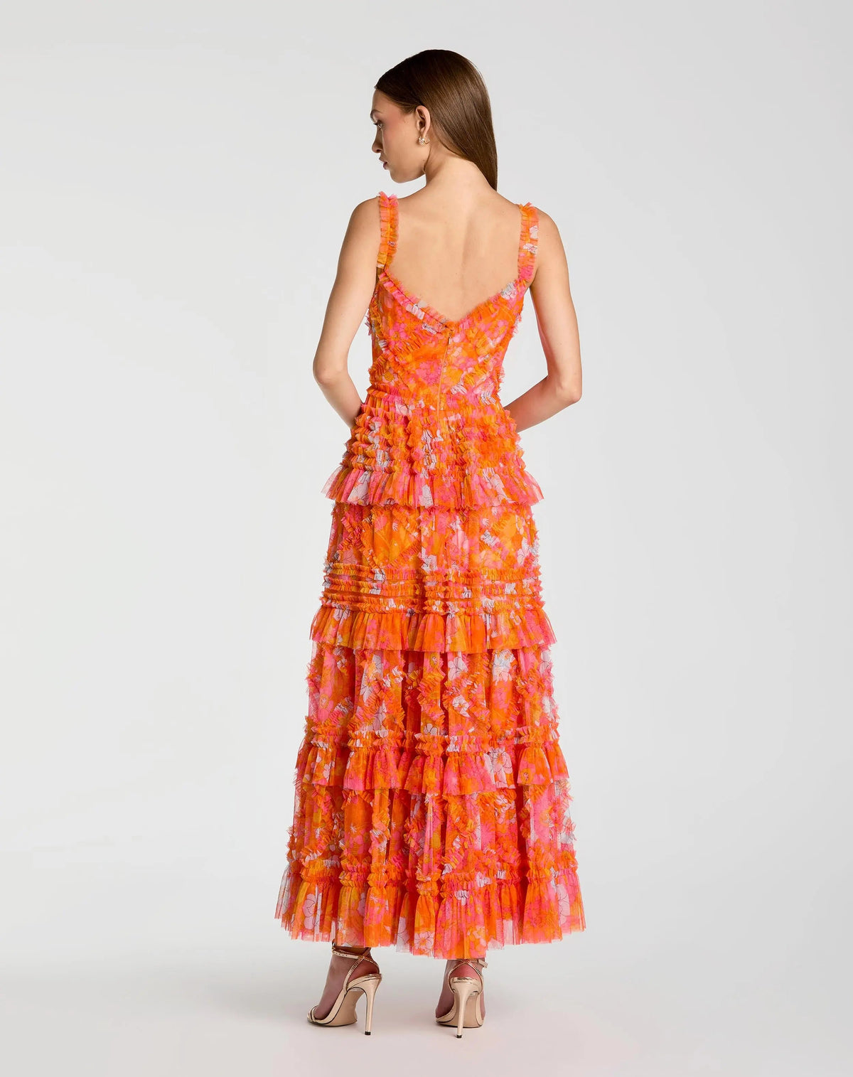 Orange Sleeveless Floral Ruffle A-Line Maxi Dress