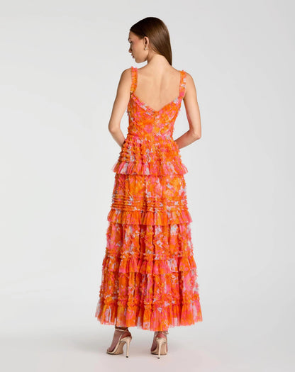 Orange Sleeveless Floral Ruffle A-Line Maxi Dress