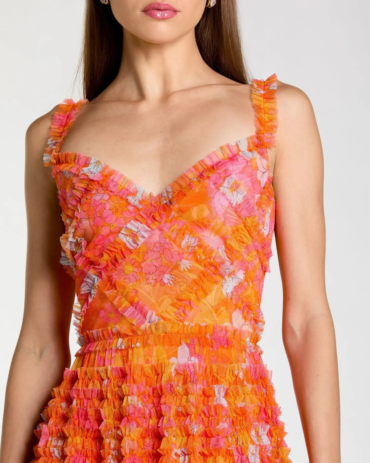 Orange Sleeveless Floral Ruffle A-Line Maxi Dress