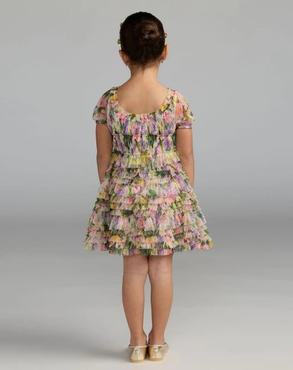 Girls Multicolor Floral Scoop Neck Ruffle Dress