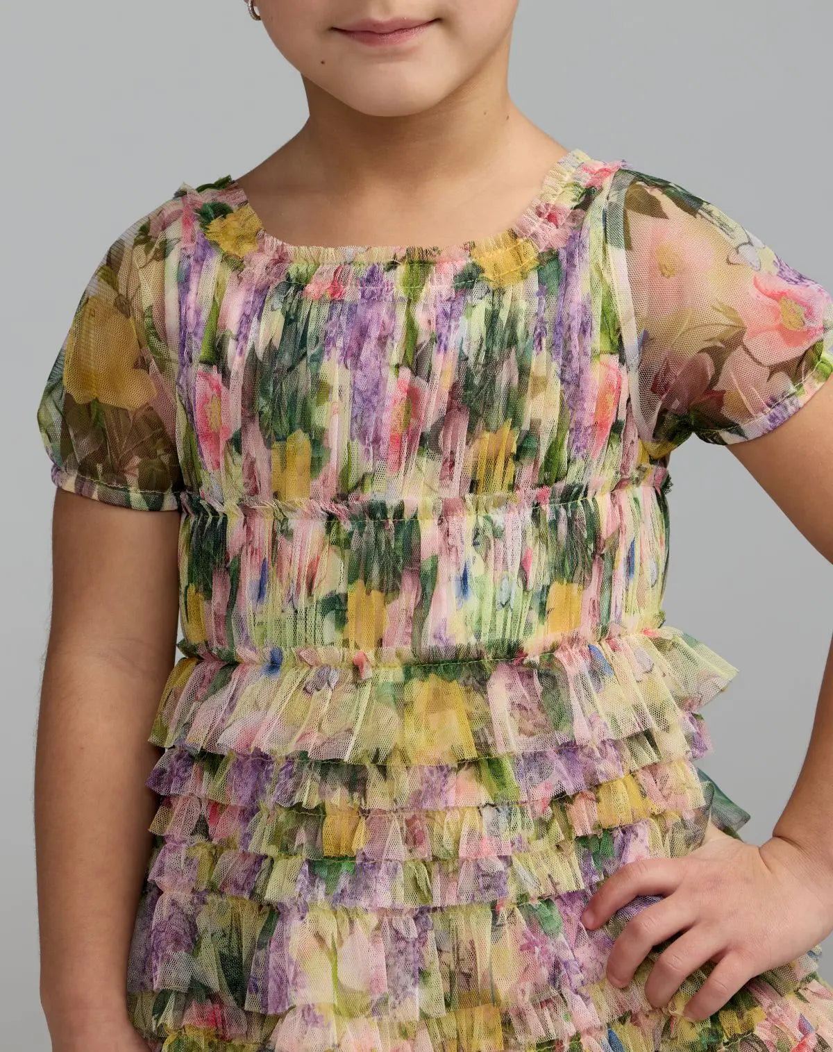 Girls Multicolor Floral Scoop Neck Ruffle Dress
