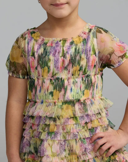 Girls Multicolor Floral Scoop Neck Ruffle Dress