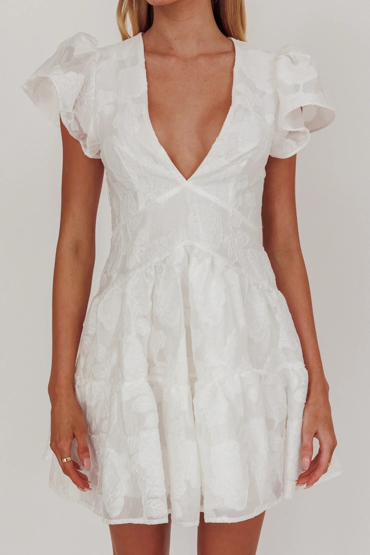 Irenna Ruffle Sleeve V-Neck Mini Dress Textured White