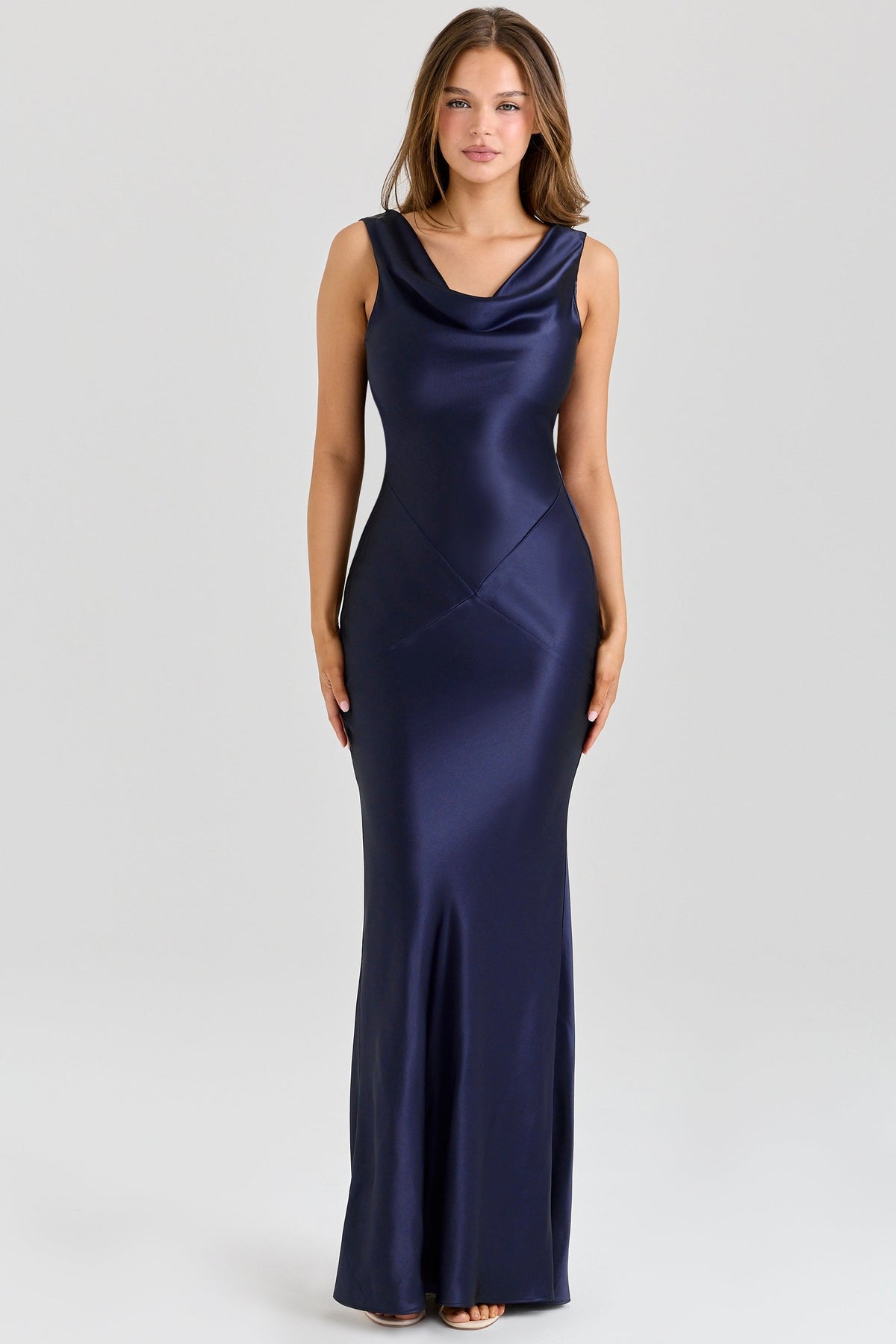 navy satin draped cowl neck maxi dress