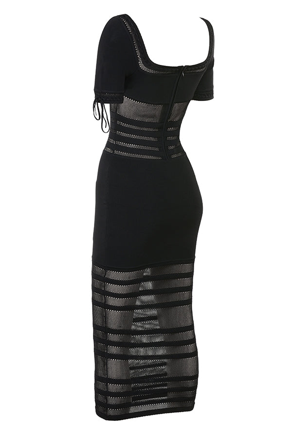 black openwork knit midi dress