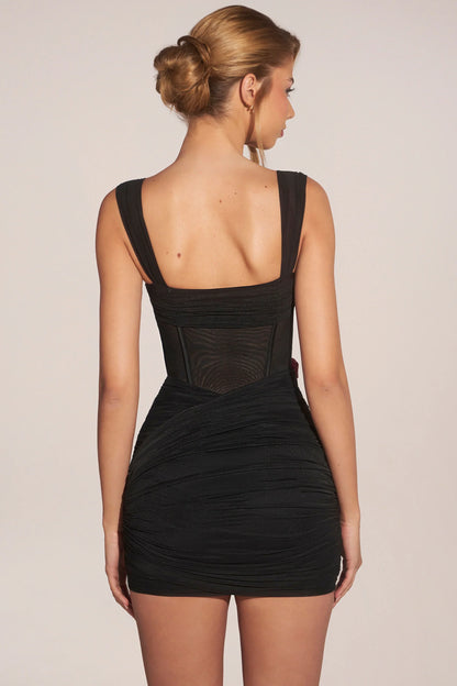 Corseted Draped Skirt Mini Dress in Black