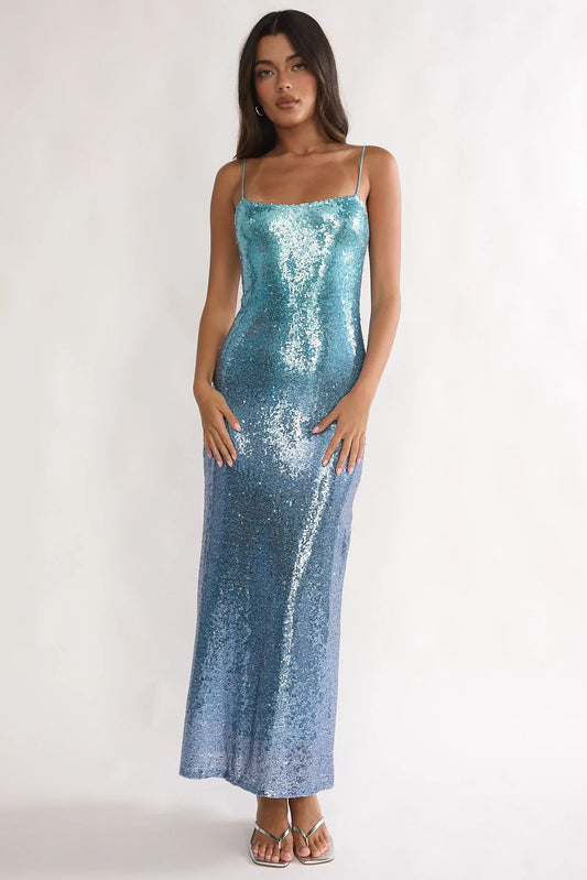 Astara Sequin Maxi Dress Gradient Blue
