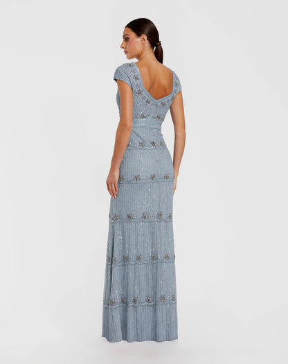 Blue Sequin Cap Sleeve Sweetheart Column Gown