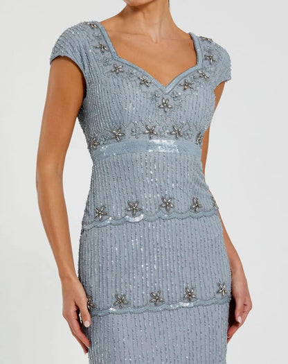 Blue Sequin Cap Sleeve Sweetheart Column Gown