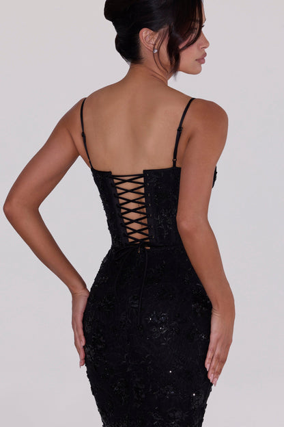 black hand beaded embellished corset maxi dress - limited edition