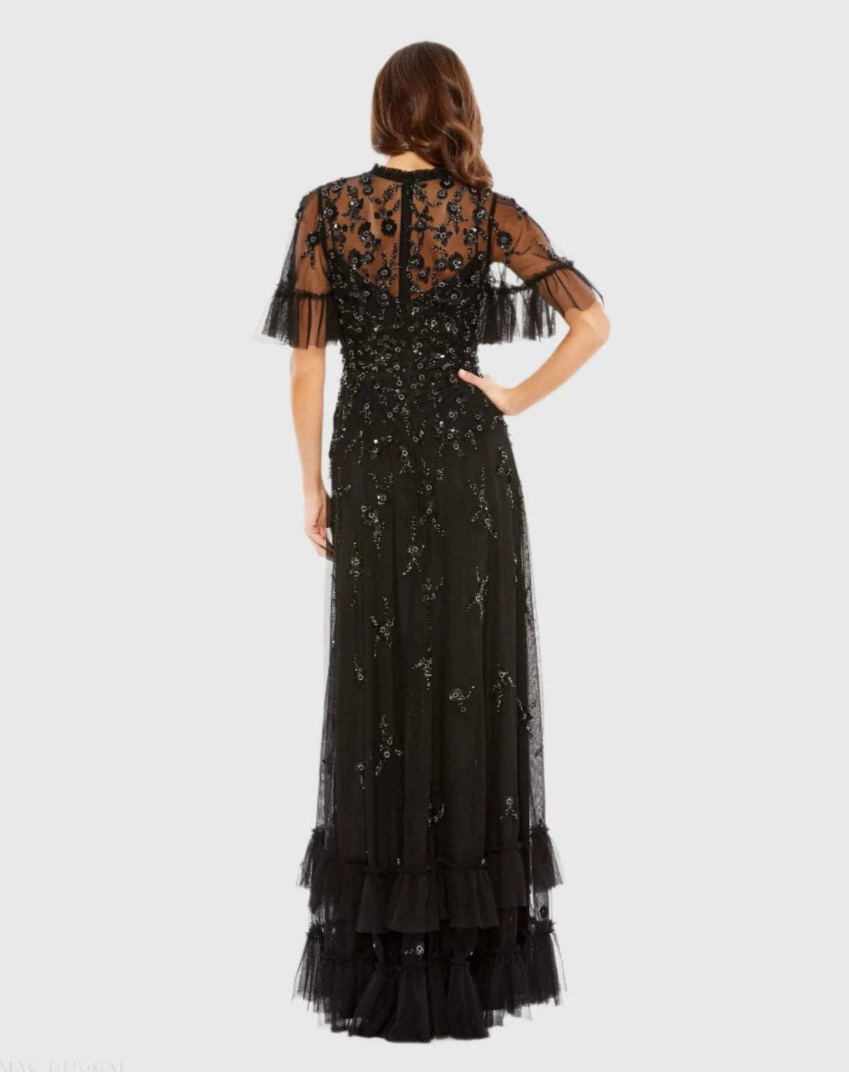 Black Floral Embellished Flutter Sleeve A-Line Gown