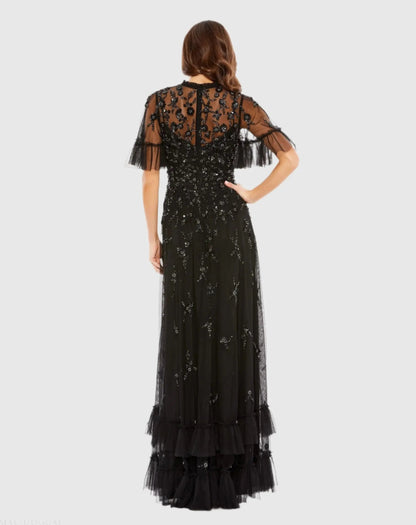 Black Floral Embellished Flutter Sleeve A-Line Gown