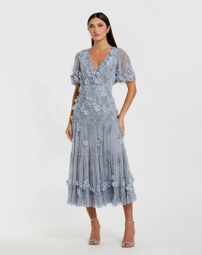 Floral Embellished Flutter Sleeve Tiered Dress