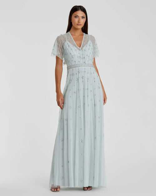 Blue V Neck Embellished Flutter Sleeve A Line Gown - FINAL SALE