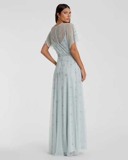 Blue V Neck Embellished Flutter Sleeve A Line Gown - FINAL SALE