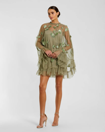 Embellished Long Flare Sleeve Mesh A-Line Dress