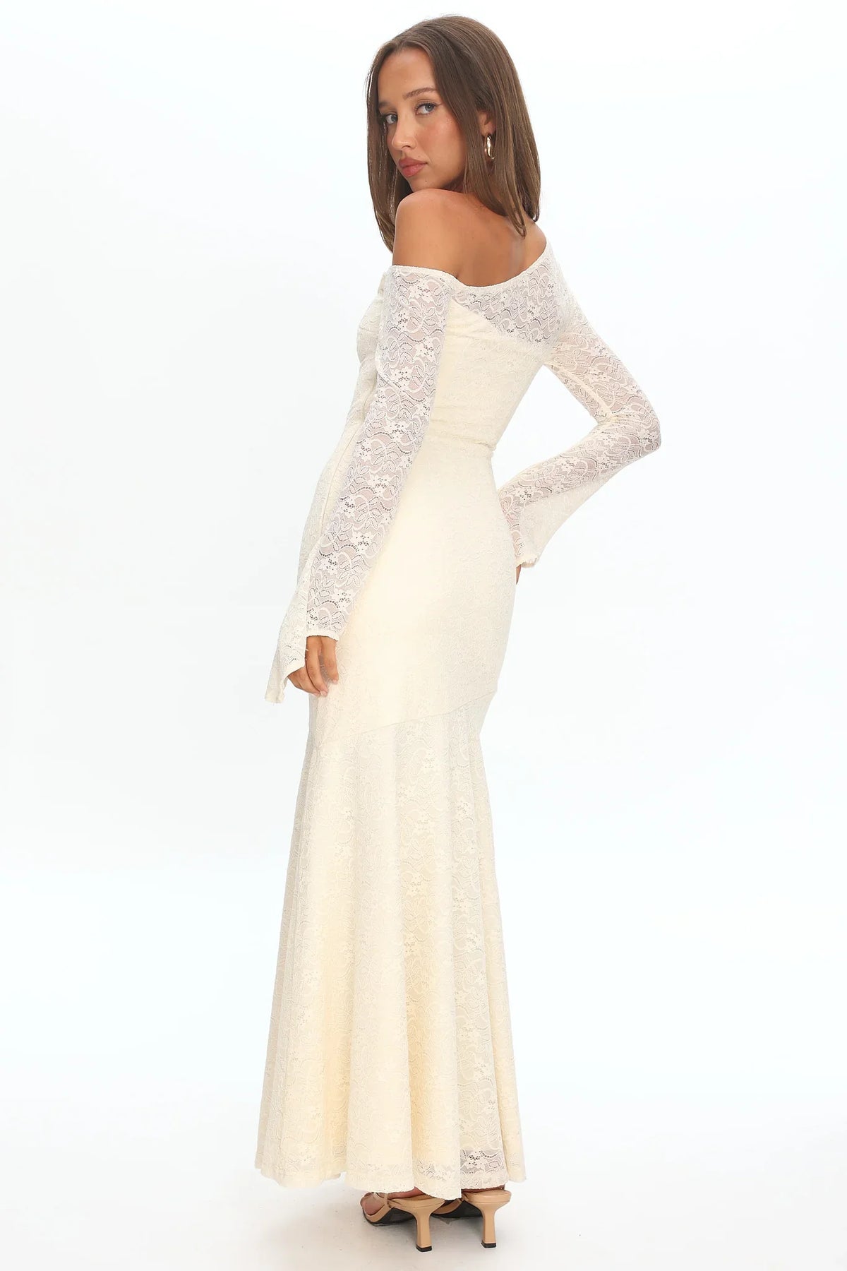 Lylah Asymmetric Neckline Long Sleeve Maxi Dress Lace Butter