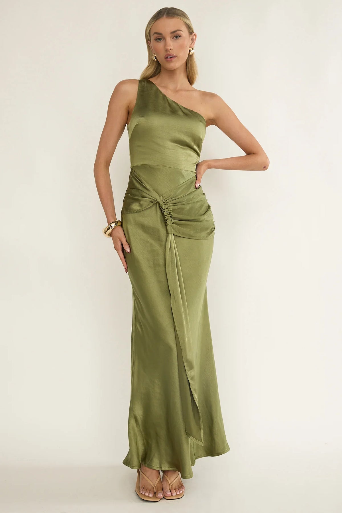 Luli One-Shoulder Waist Sash Maxi Dress Olive