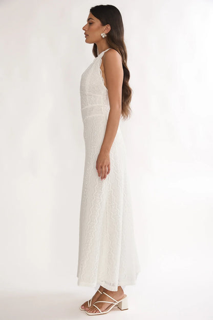 Beaucoup Lace Overlay Halterneck Maxi Dress Cream