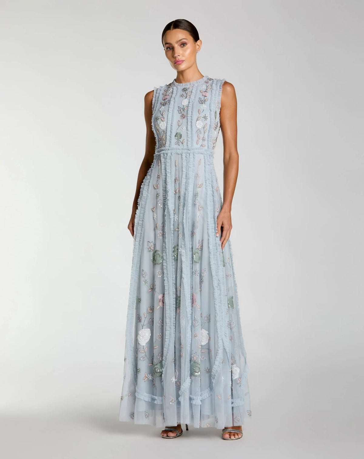 Floral Mesh Sleeveless A Line Micro Ruffle Gown