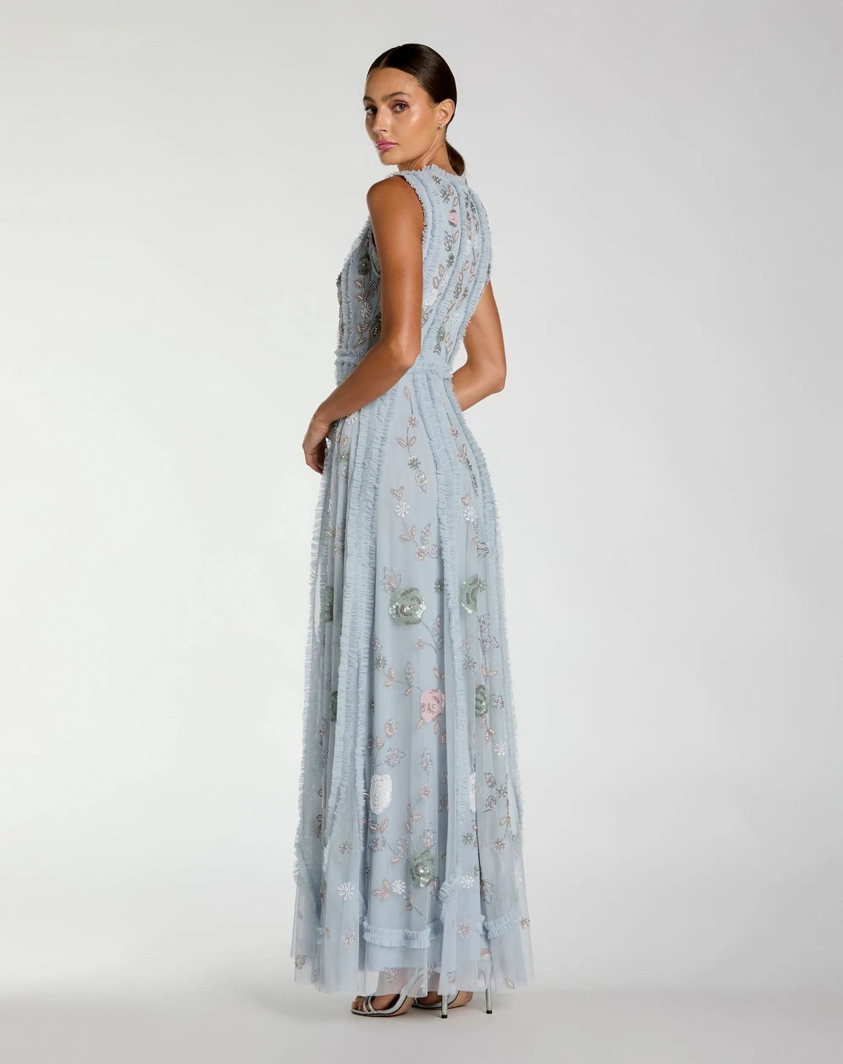 Blue Floral Mesh Sleeveless A Line Micro Ruffle Gown