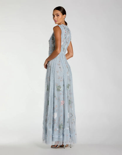 Blue Floral Mesh Sleeveless A Line Micro Ruffle Gown