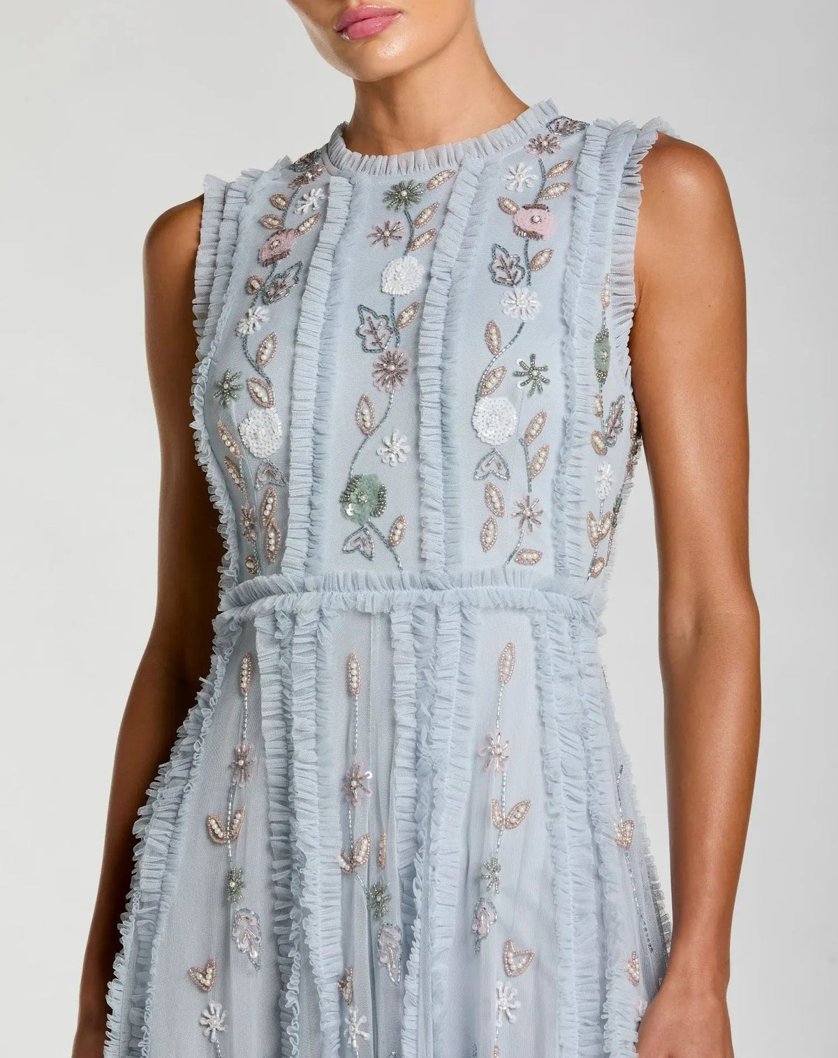 Blue Floral Mesh Sleeveless A Line Micro Ruffle Gown
